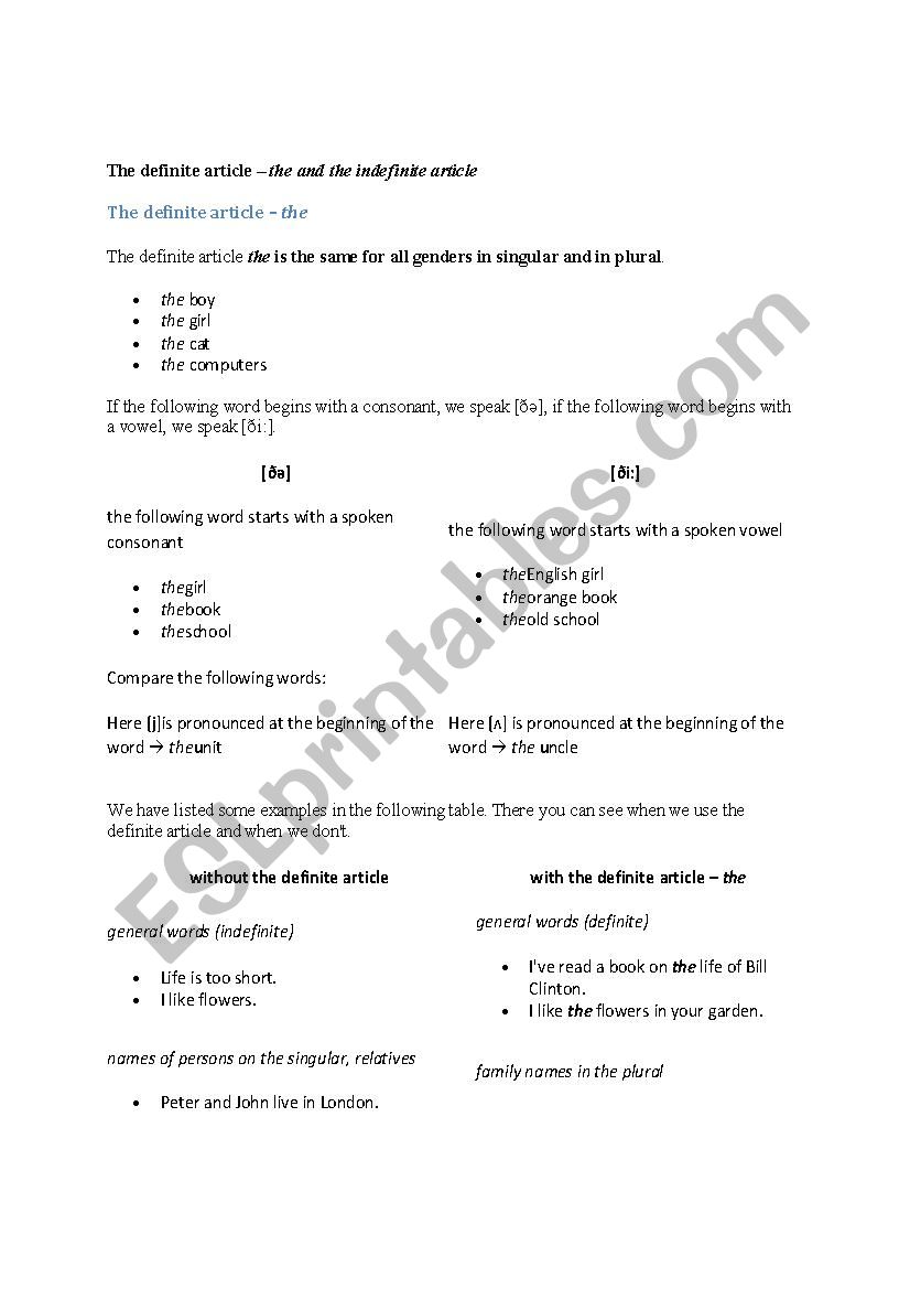 articles worksheet