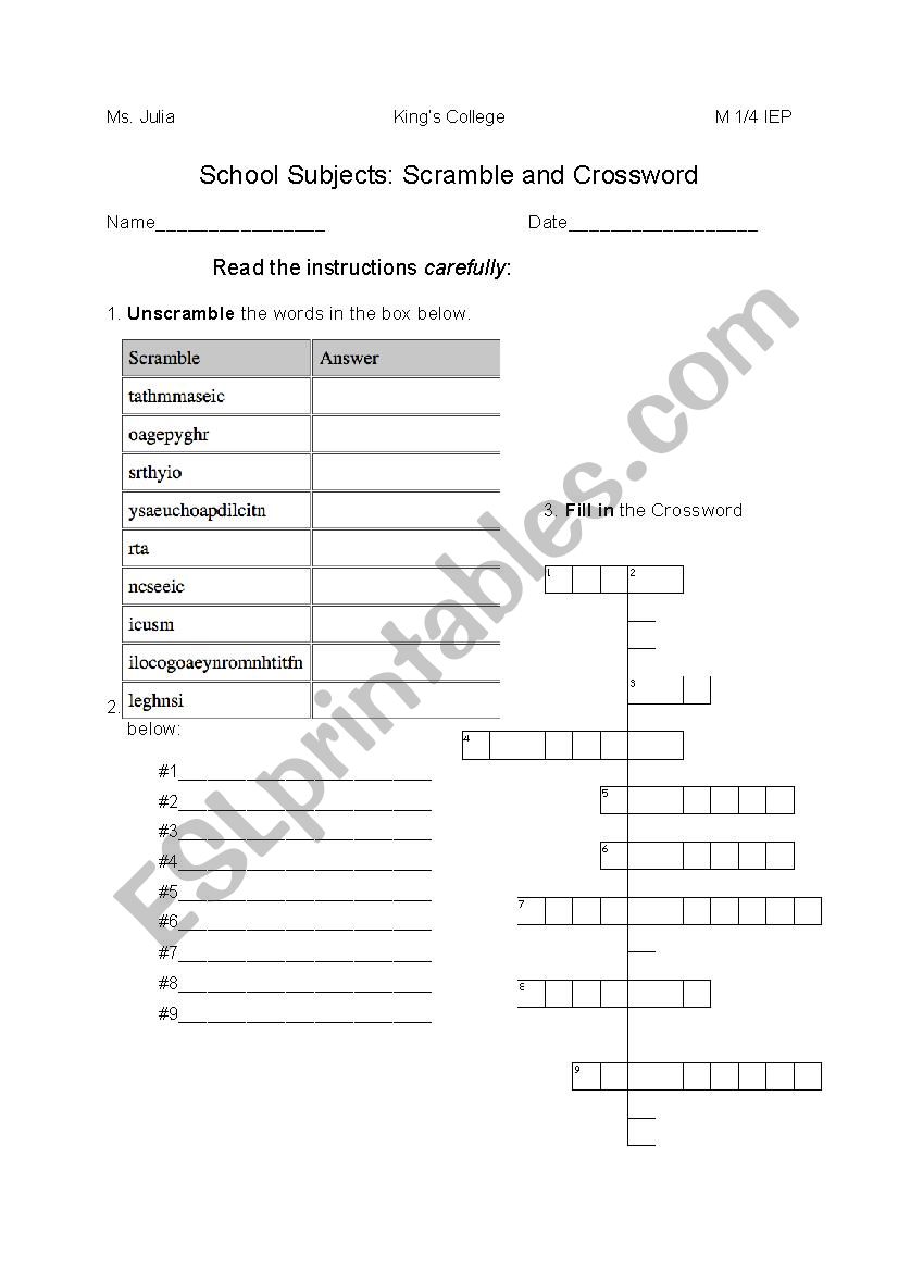 School Subjects - Filler Activity