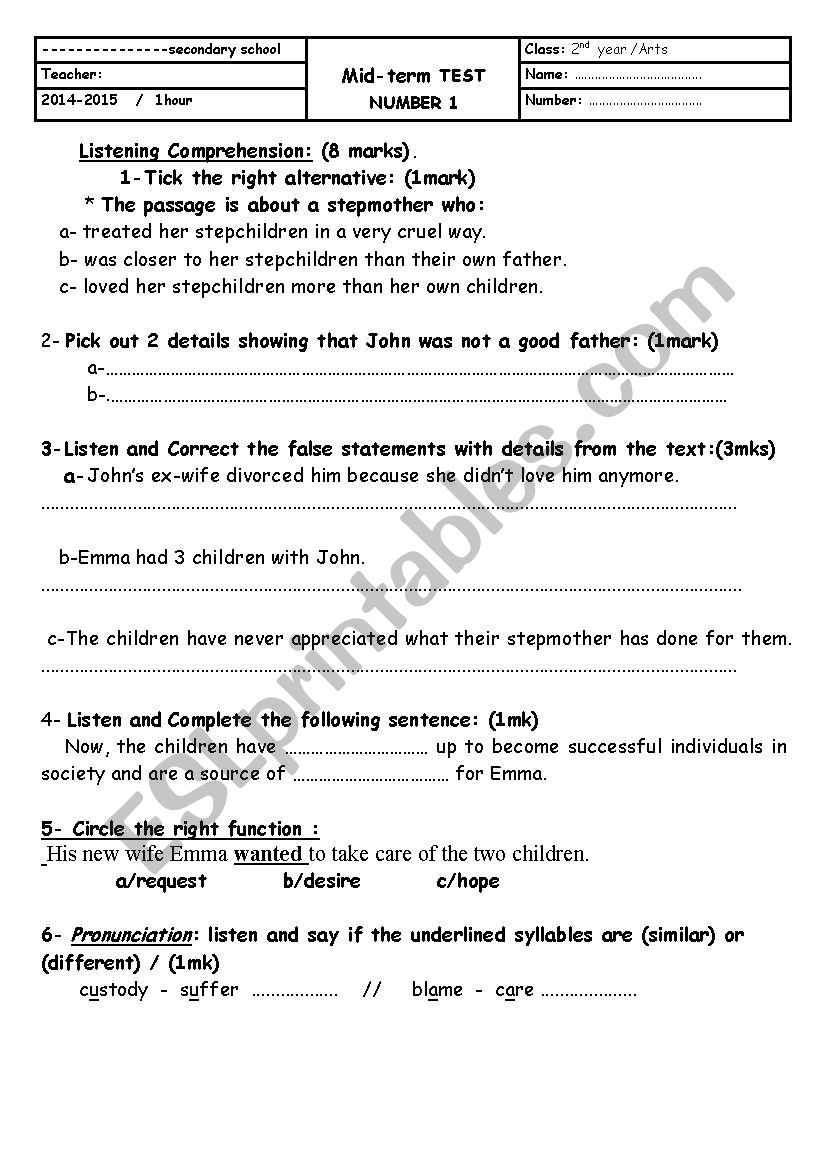 2nd year-mid term test n1 - ESL worksheet by raniarina