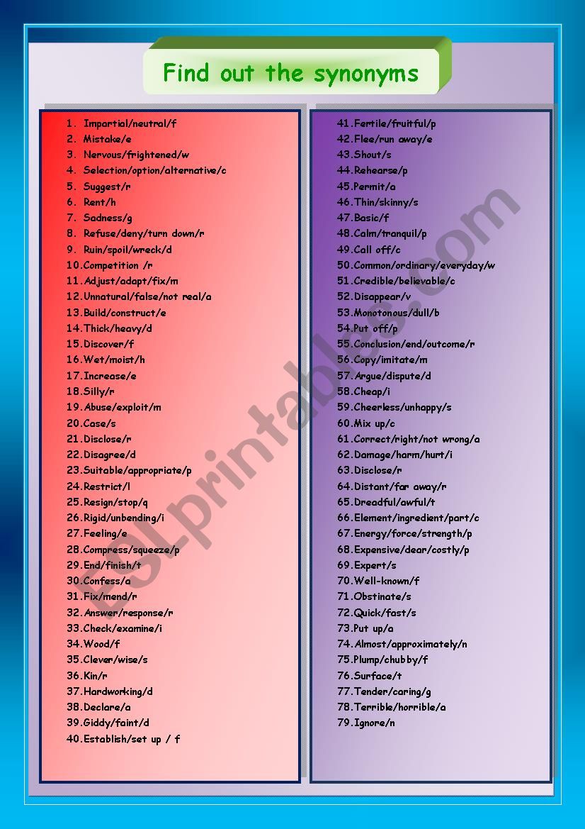 Find Out The Synonyms ESL Worksheet By Herika69