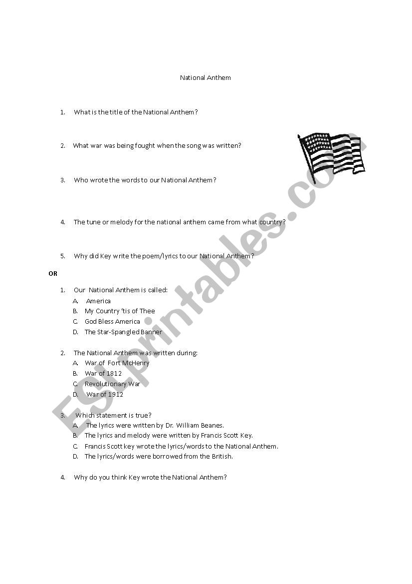 National Anthem Quiz worksheet