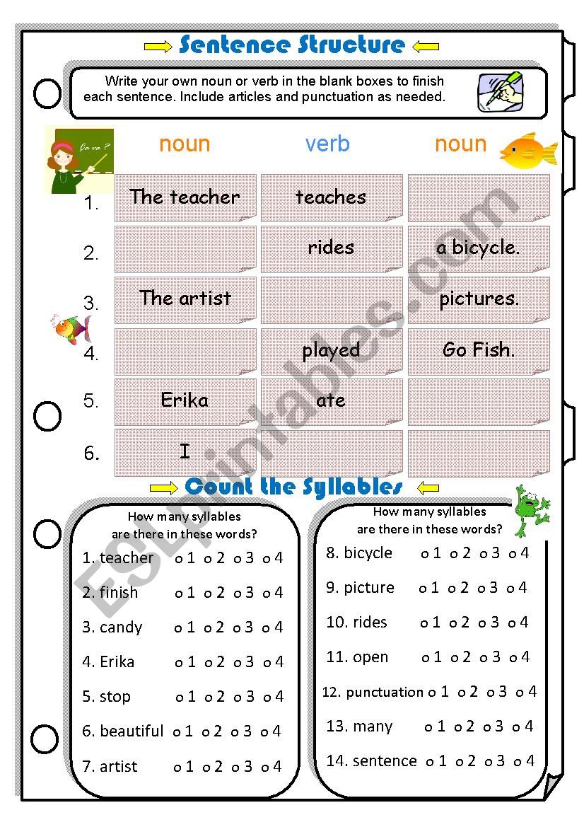 sentence structure counting syllables 1 esl worksheet by kwsp