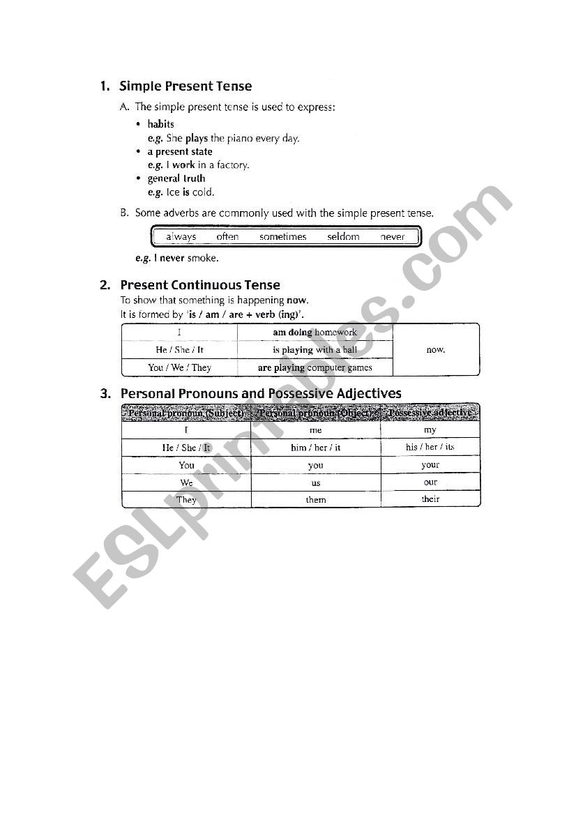 Present tense, present continuous tense and personal pronuouns
