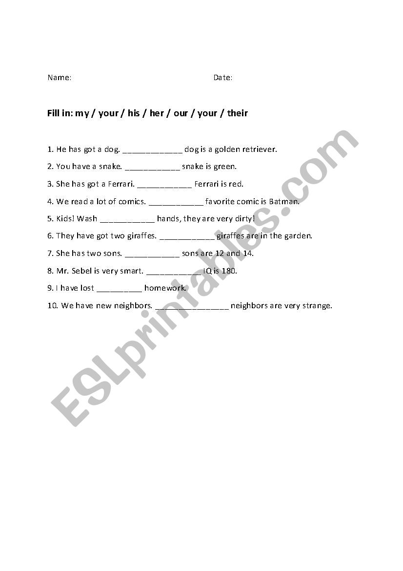 Possessive adjective worksheet