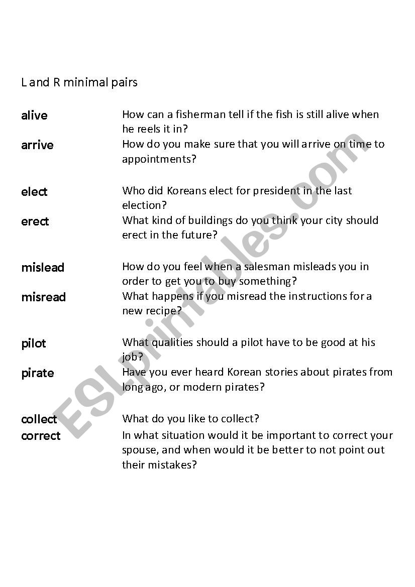 L and R minimal pairs practice