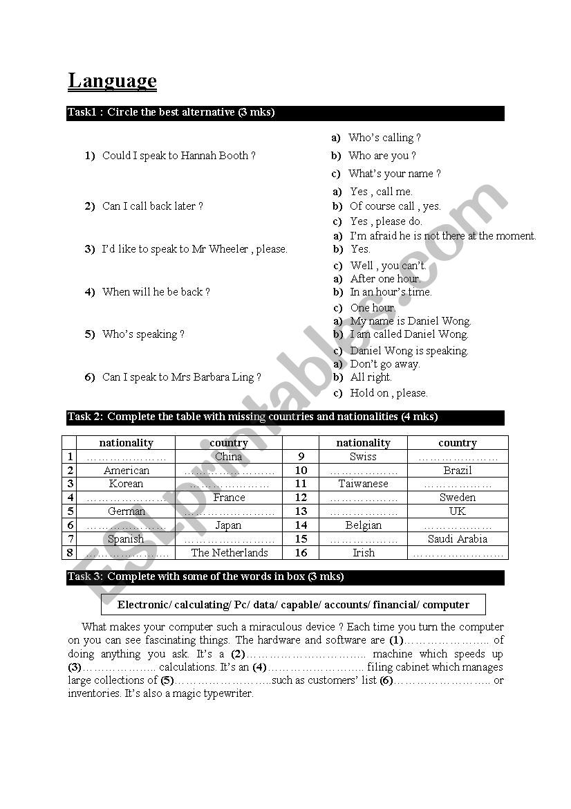 language worksheet