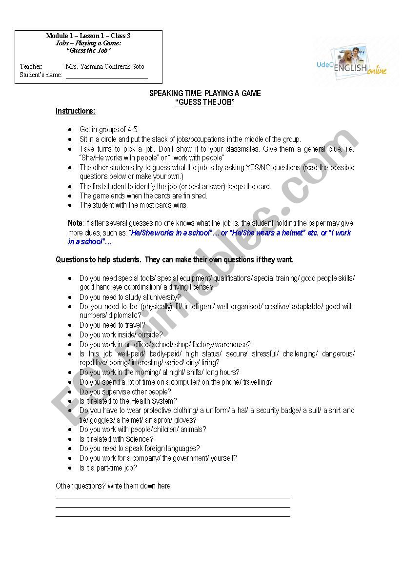 Jobs game worksheet