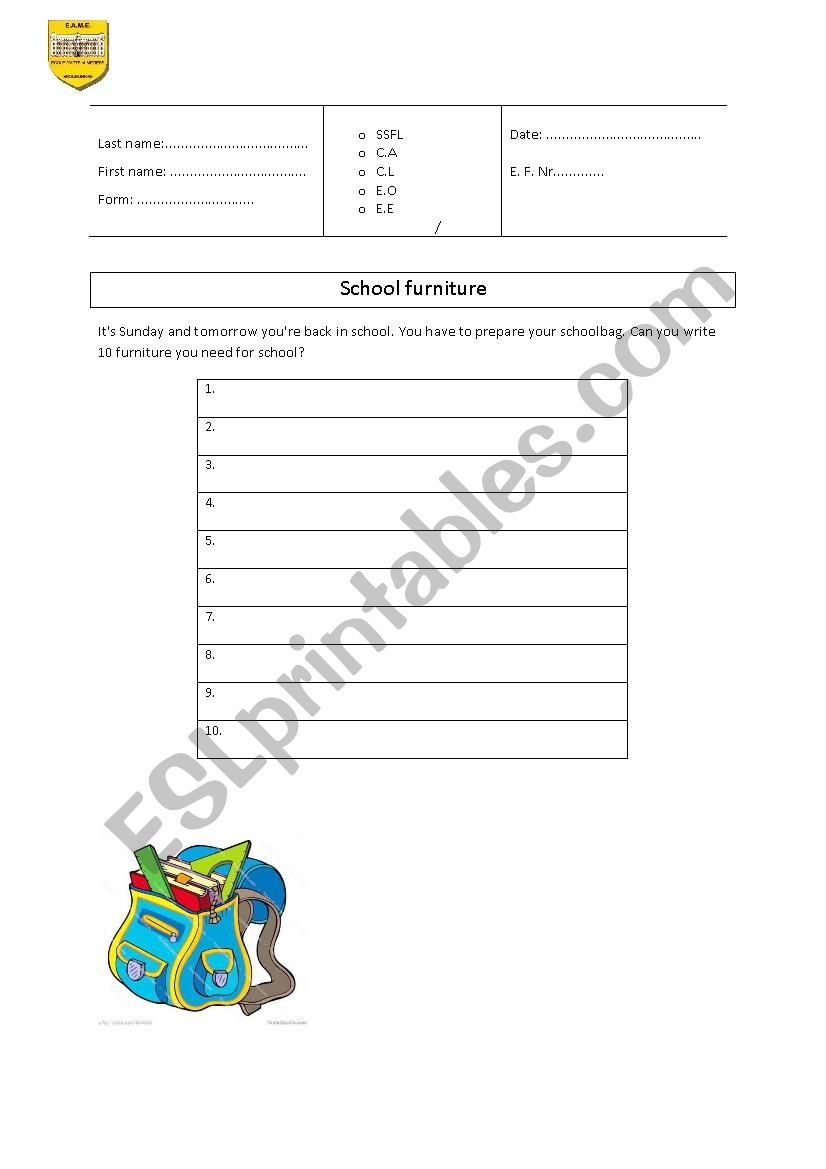 School furniture worksheet