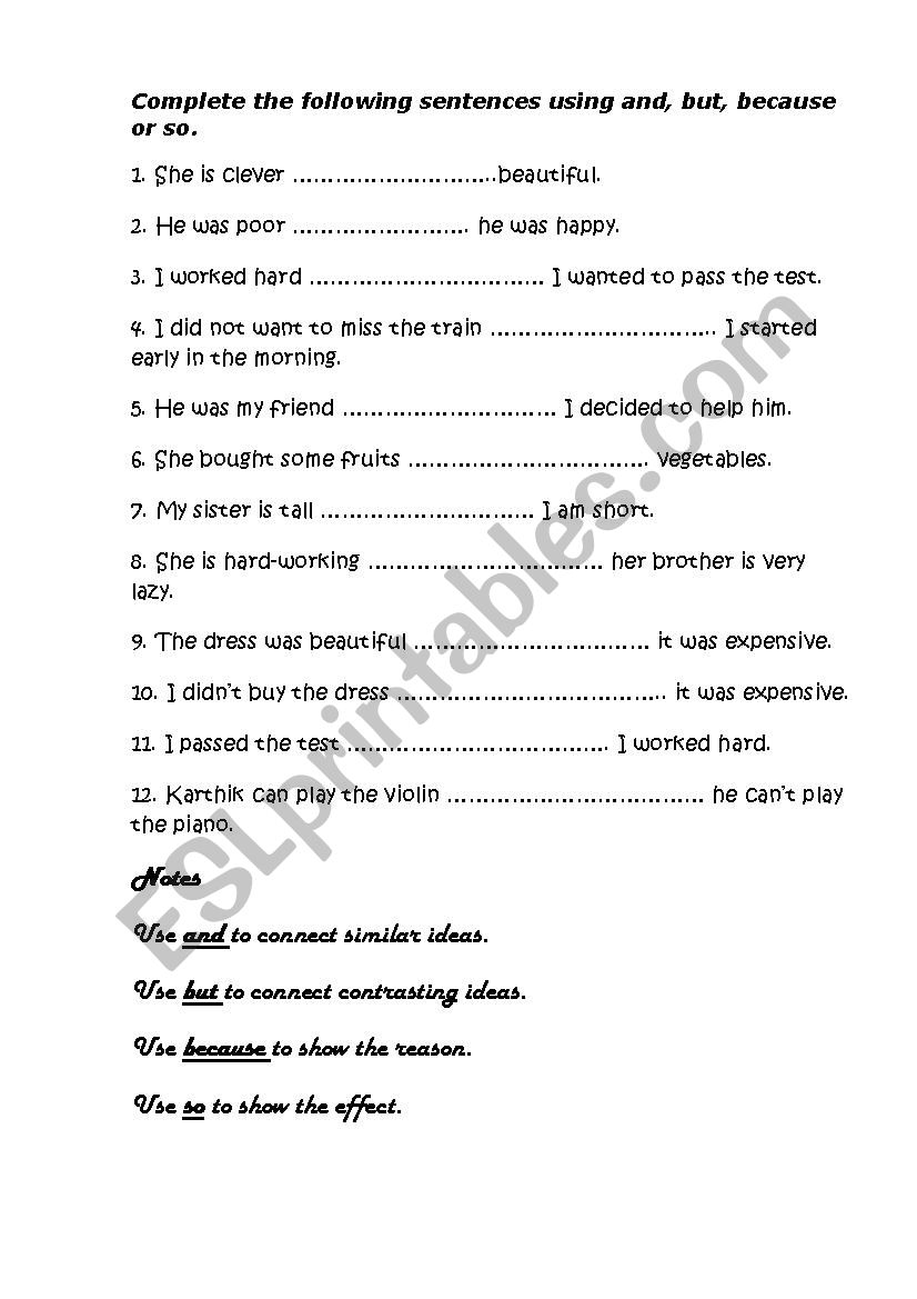 Connectors: so, because, but worksheet