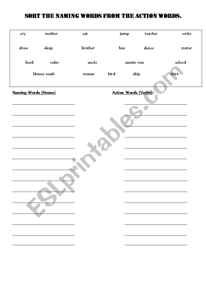 Naming And Action Words worksheet
