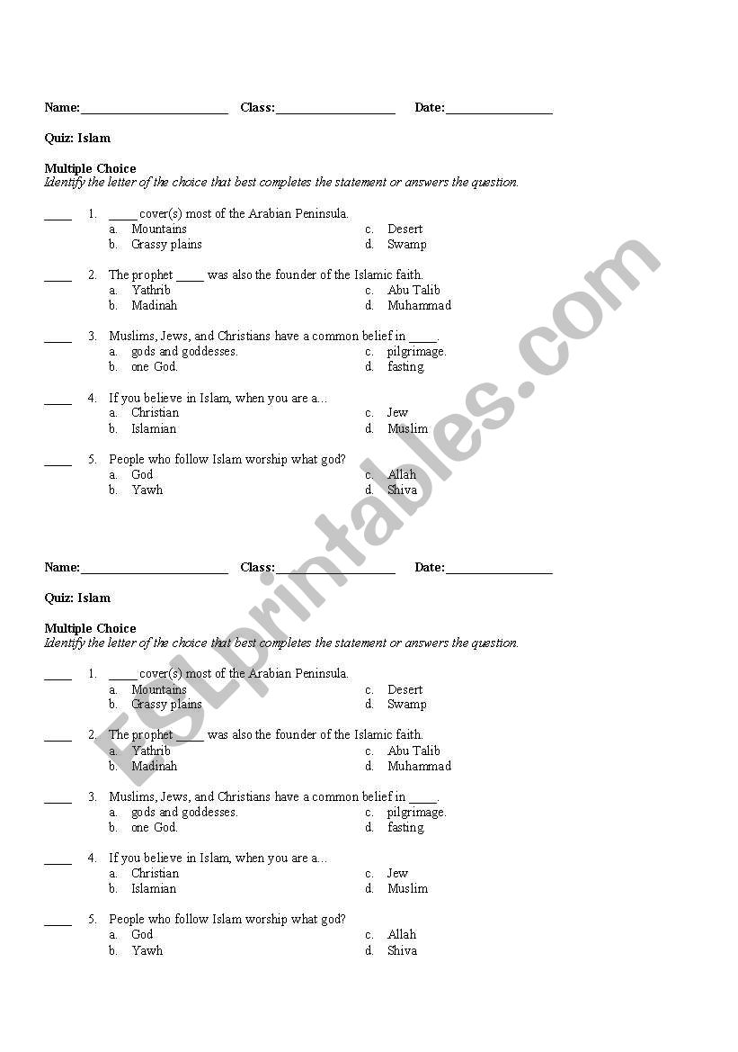 english worksheets islam quiz