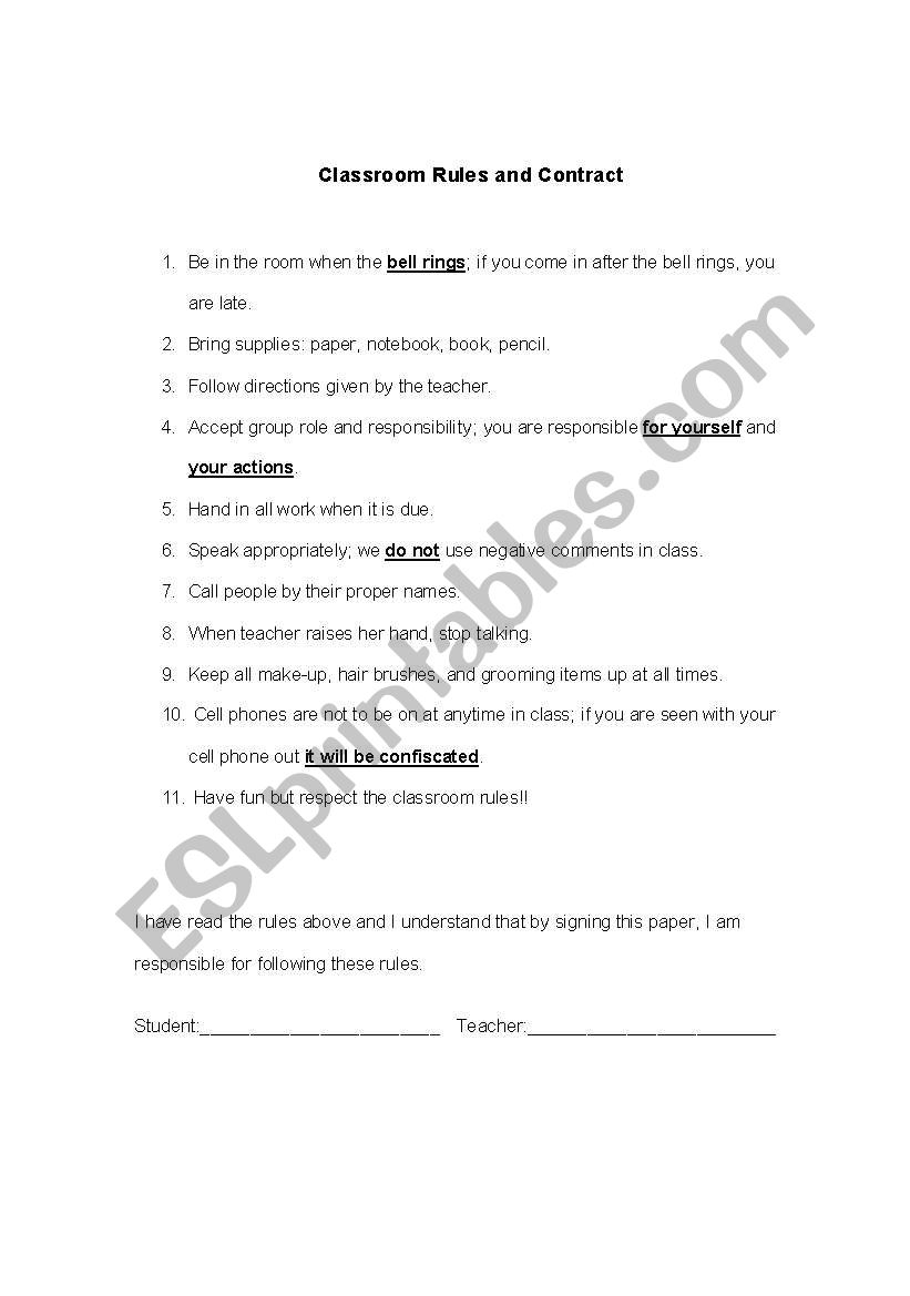 Classroom Rules and Student/Teacher Contract