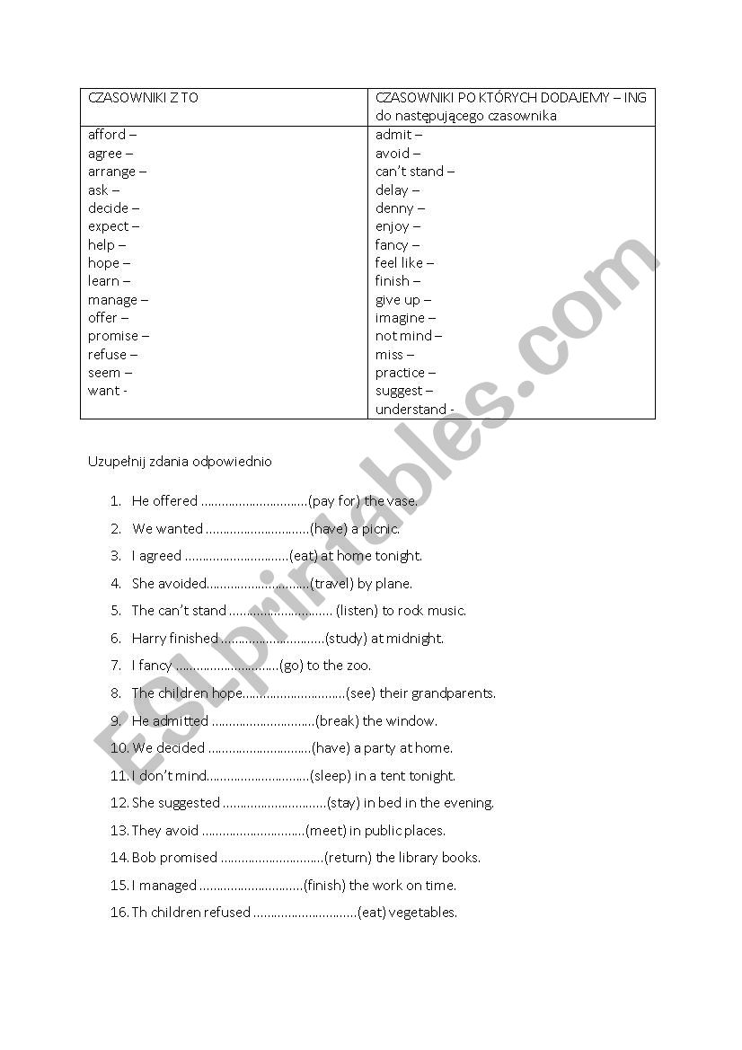 to and infitinitve  worksheet