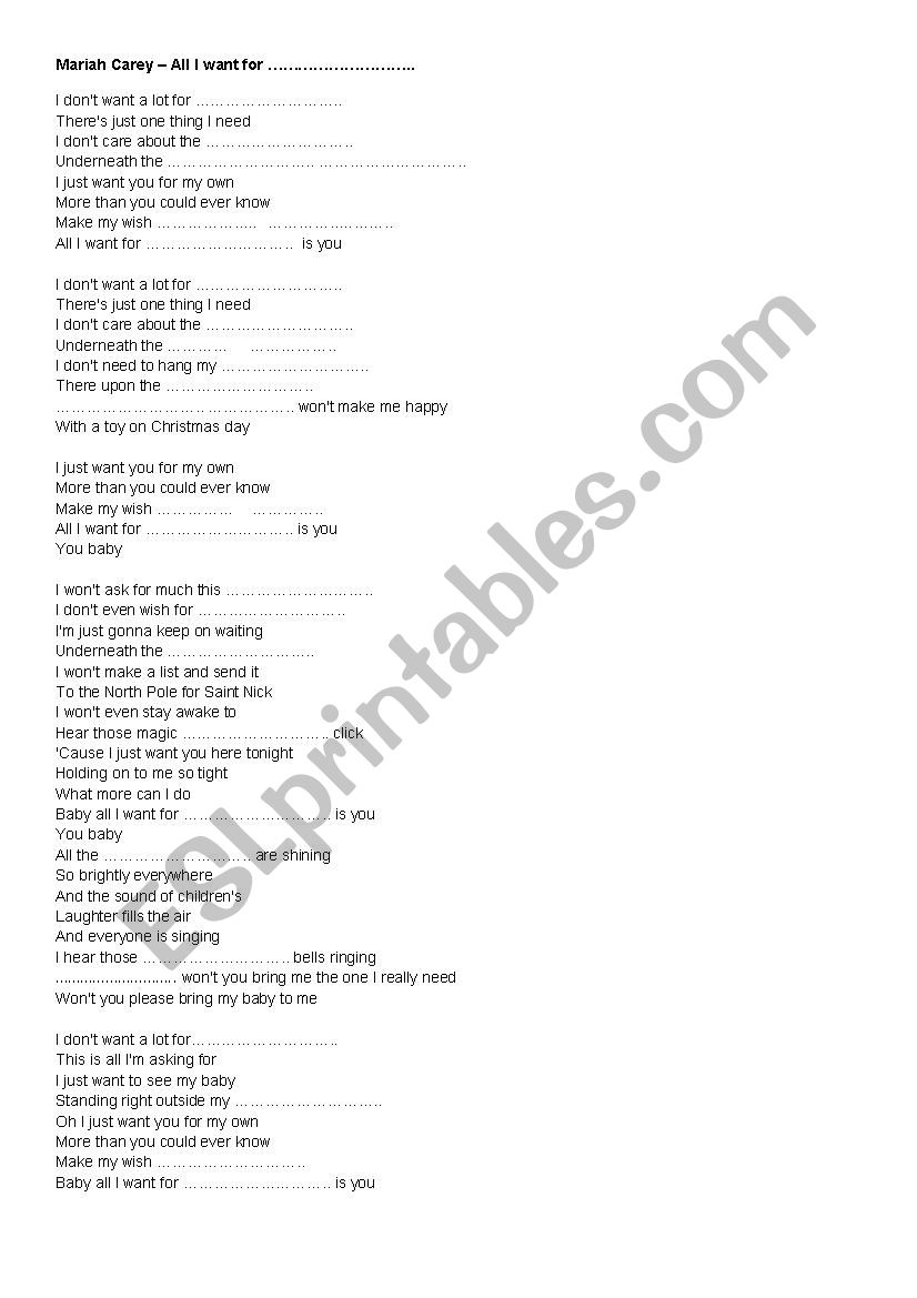 Maria Carey christmas song worksheet