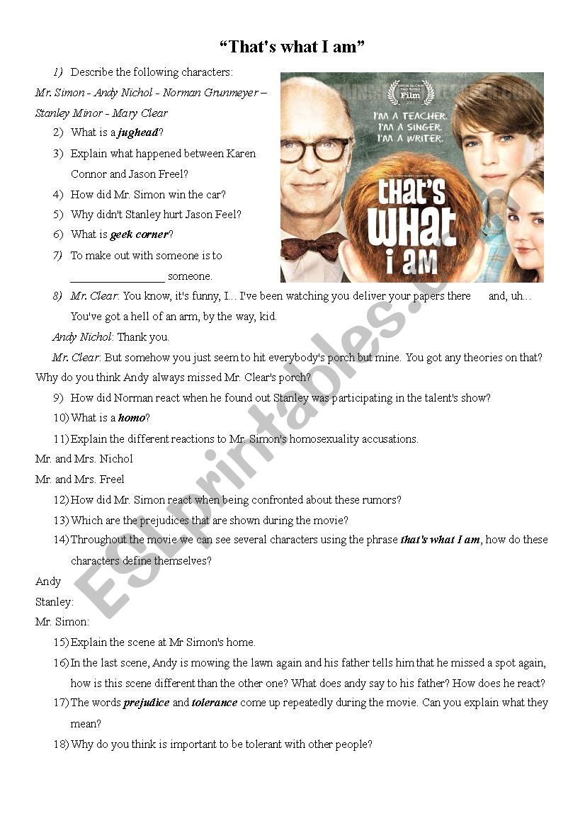 Thats What I Am - Movie Worksheet