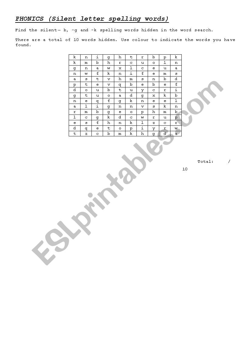 Silent letter word search worksheet