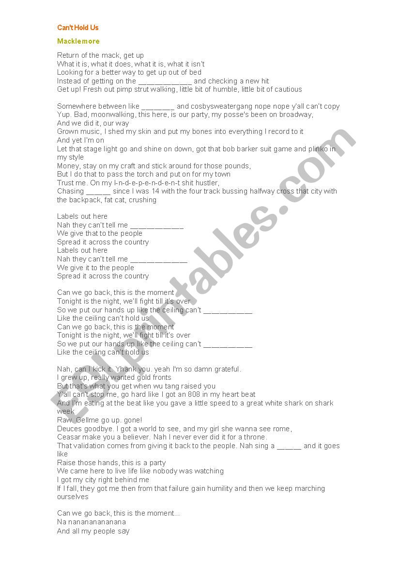 Cant hold us - song worksheet