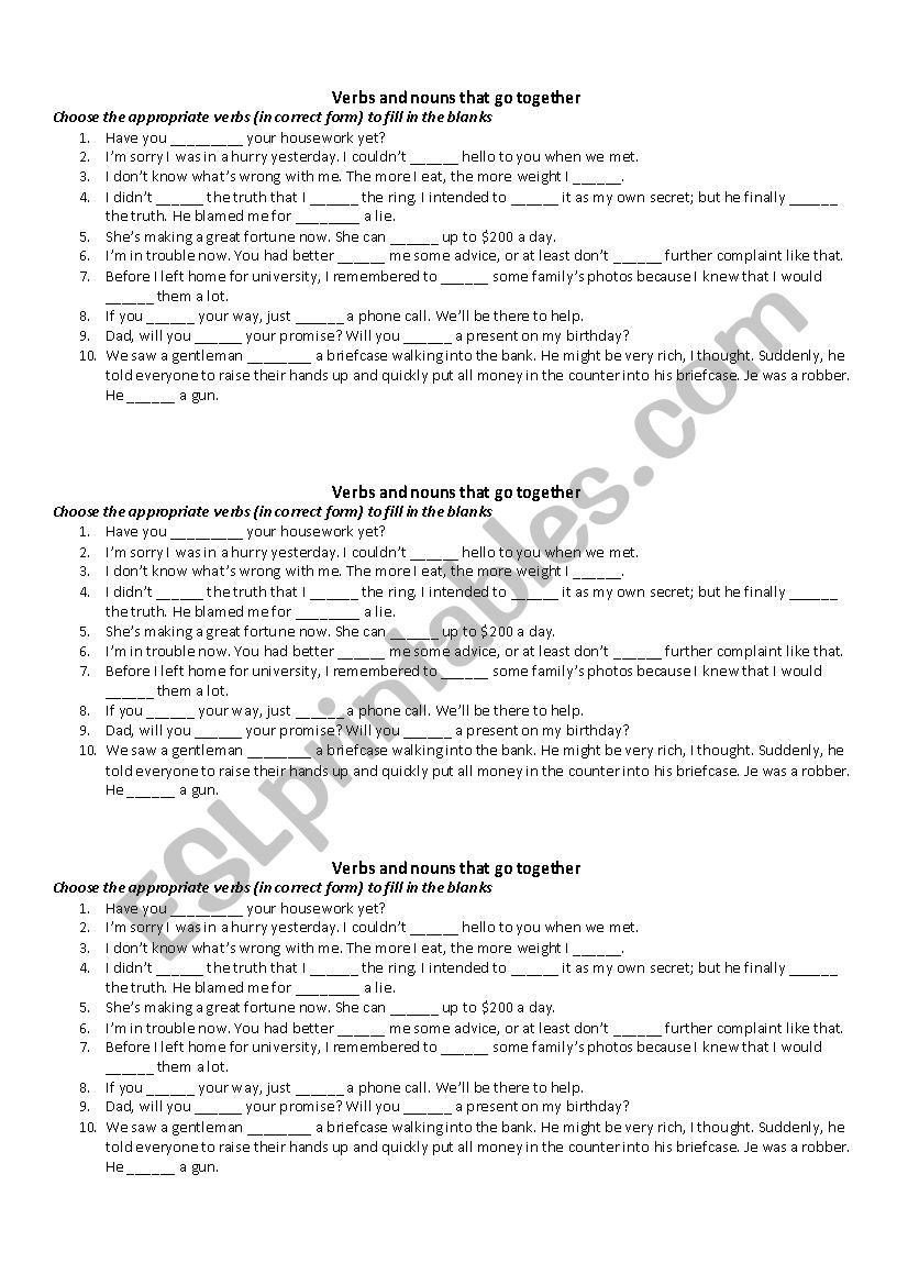 Verbs and nouns that go together ESL worksheet by Mai Lan