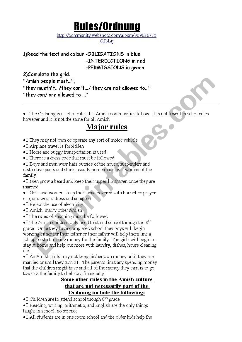 Amish rules worksheet