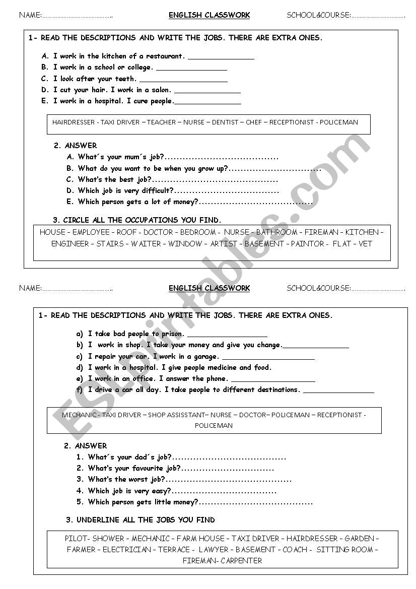 Test on Jobs worksheet