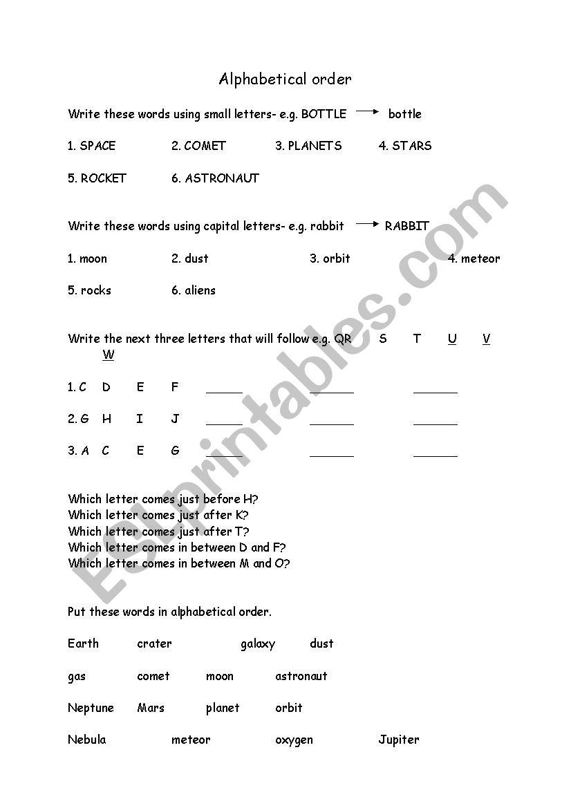 Space Alphabetical Order worksheet