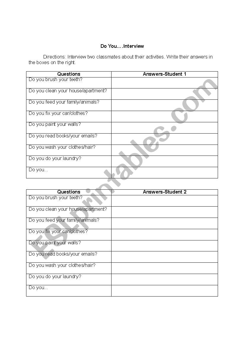 Do you...? Interview worksheet