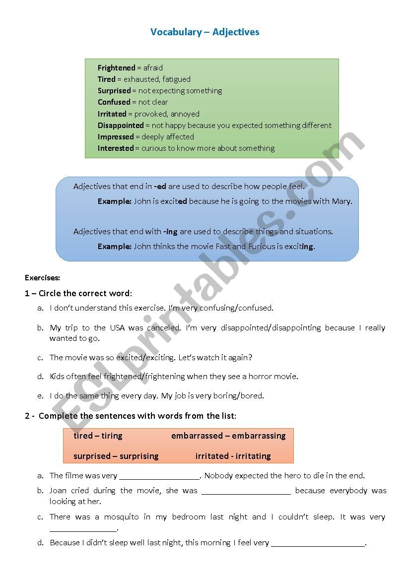 Vocabulary - Adjectives worksheet