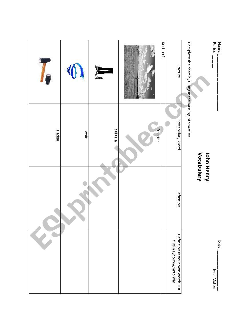 John Henry Vocabulary Chart worksheet