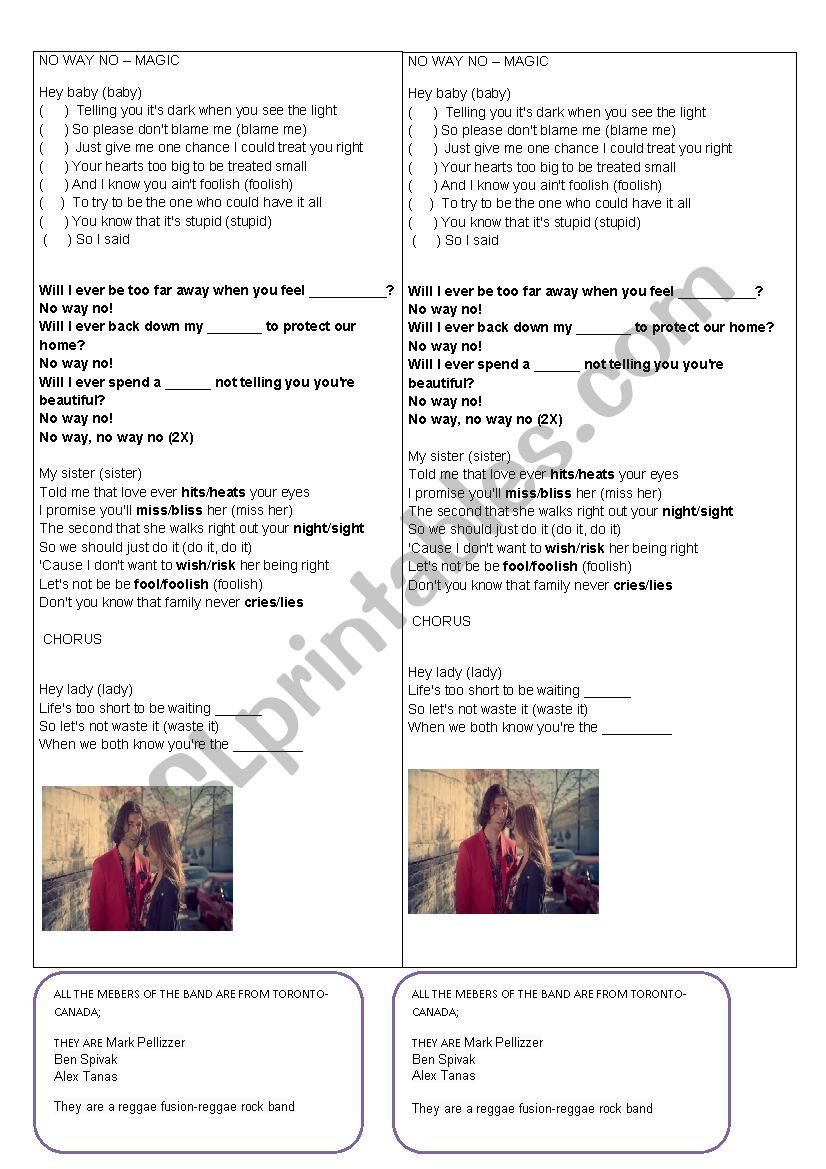 song no way no - magic worksheet