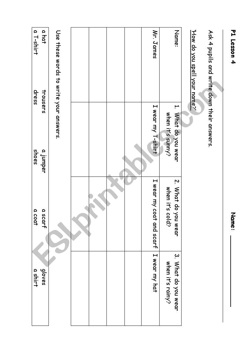 Clothes survey worksheet