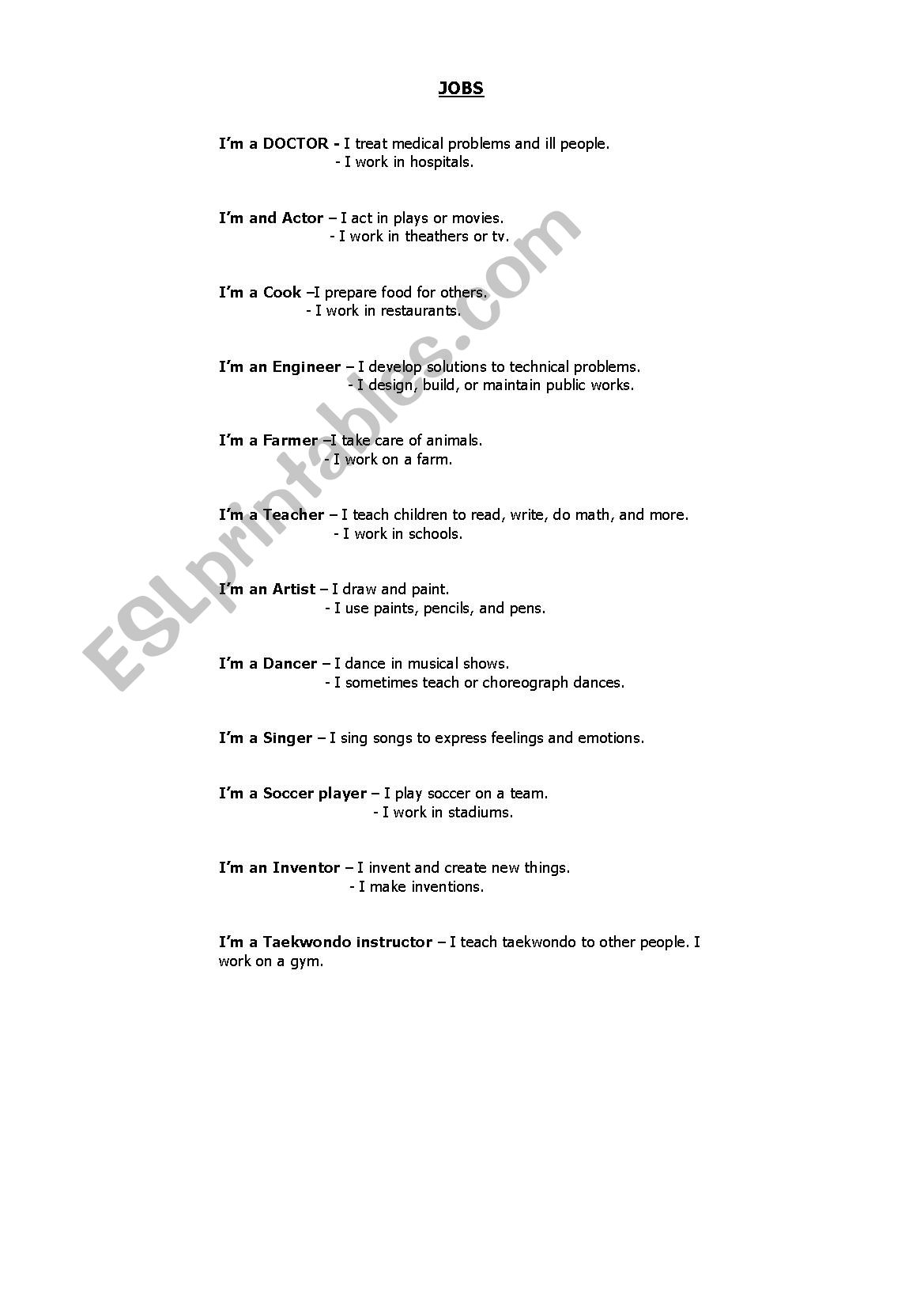 Occupations worksheet