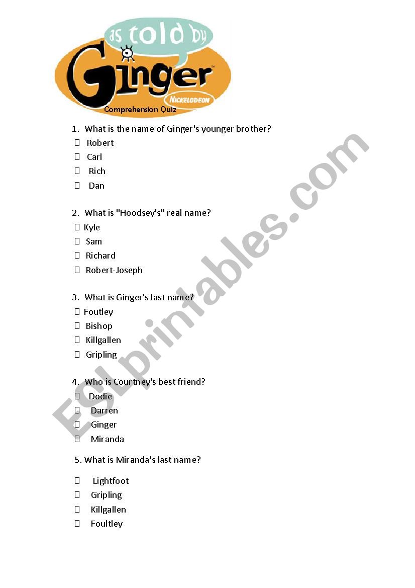 As Told By Ginger  worksheet
