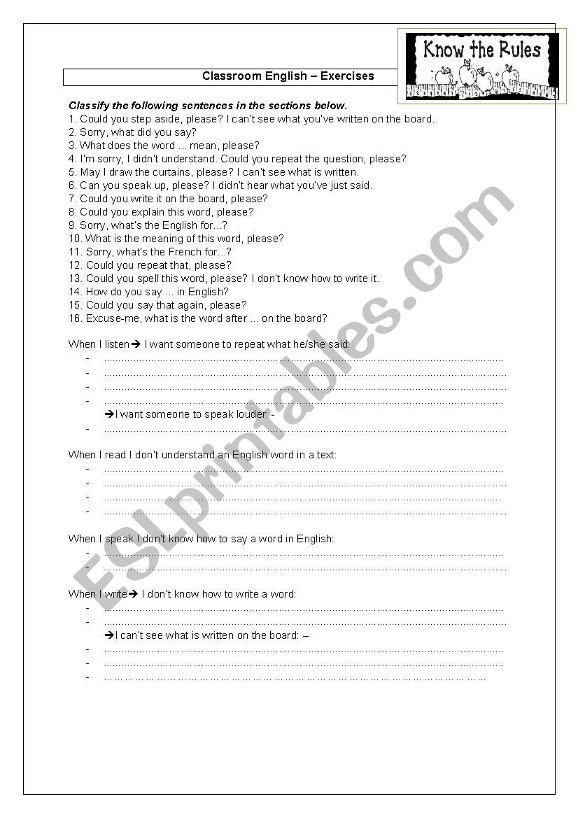 classroom English worksheet