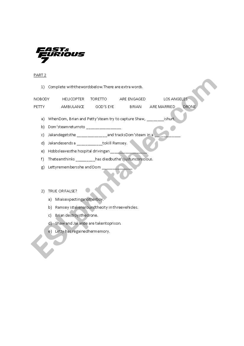 Fast and Furious, PART B worksheet
