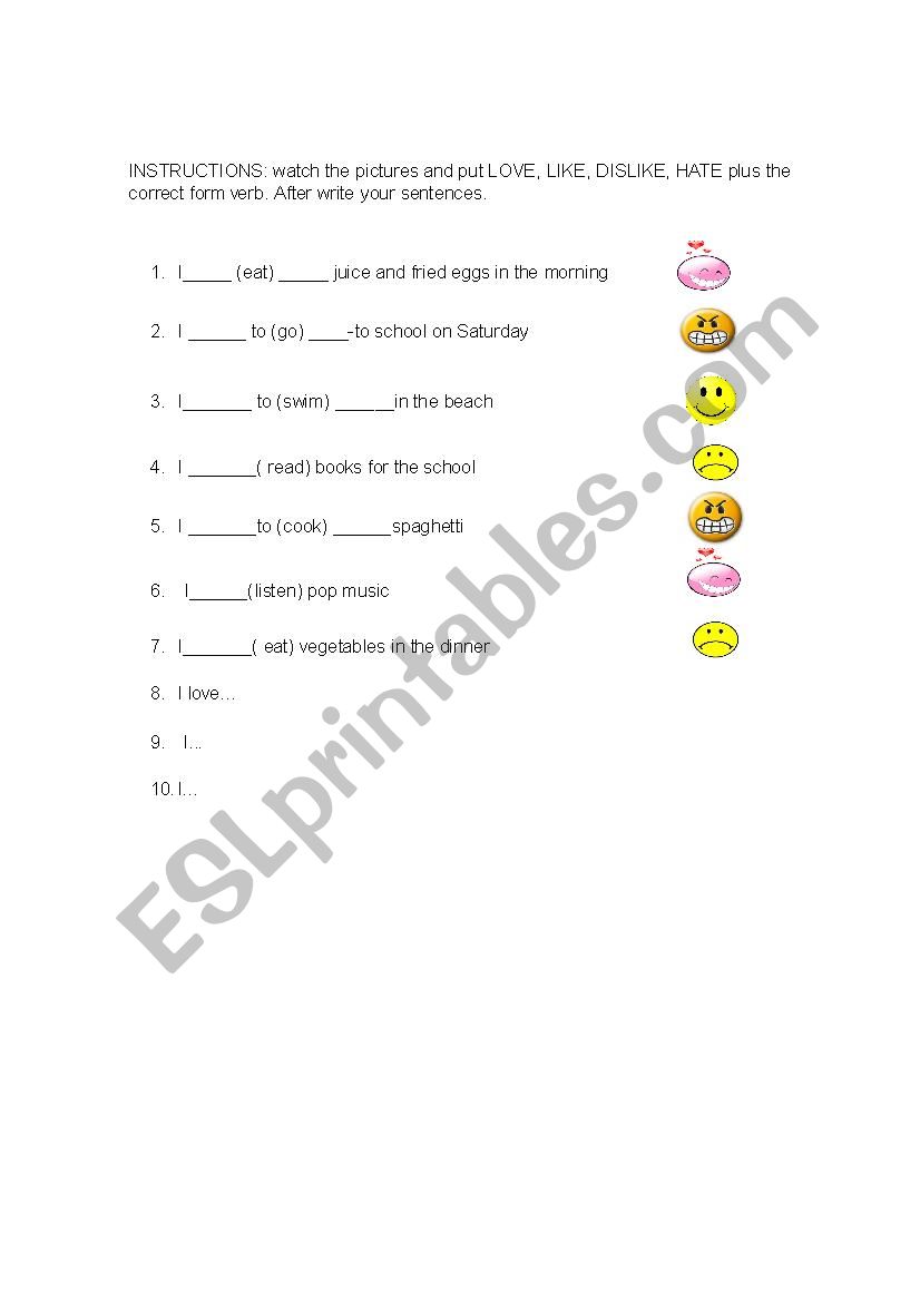 Likes and dislikes worksheet