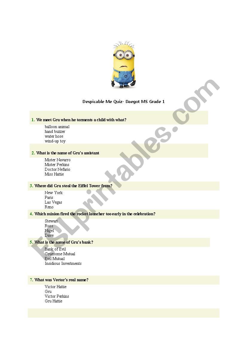 Despicable Me Quiz worksheet