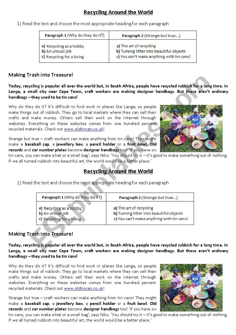 Making trash into treasure worksheet