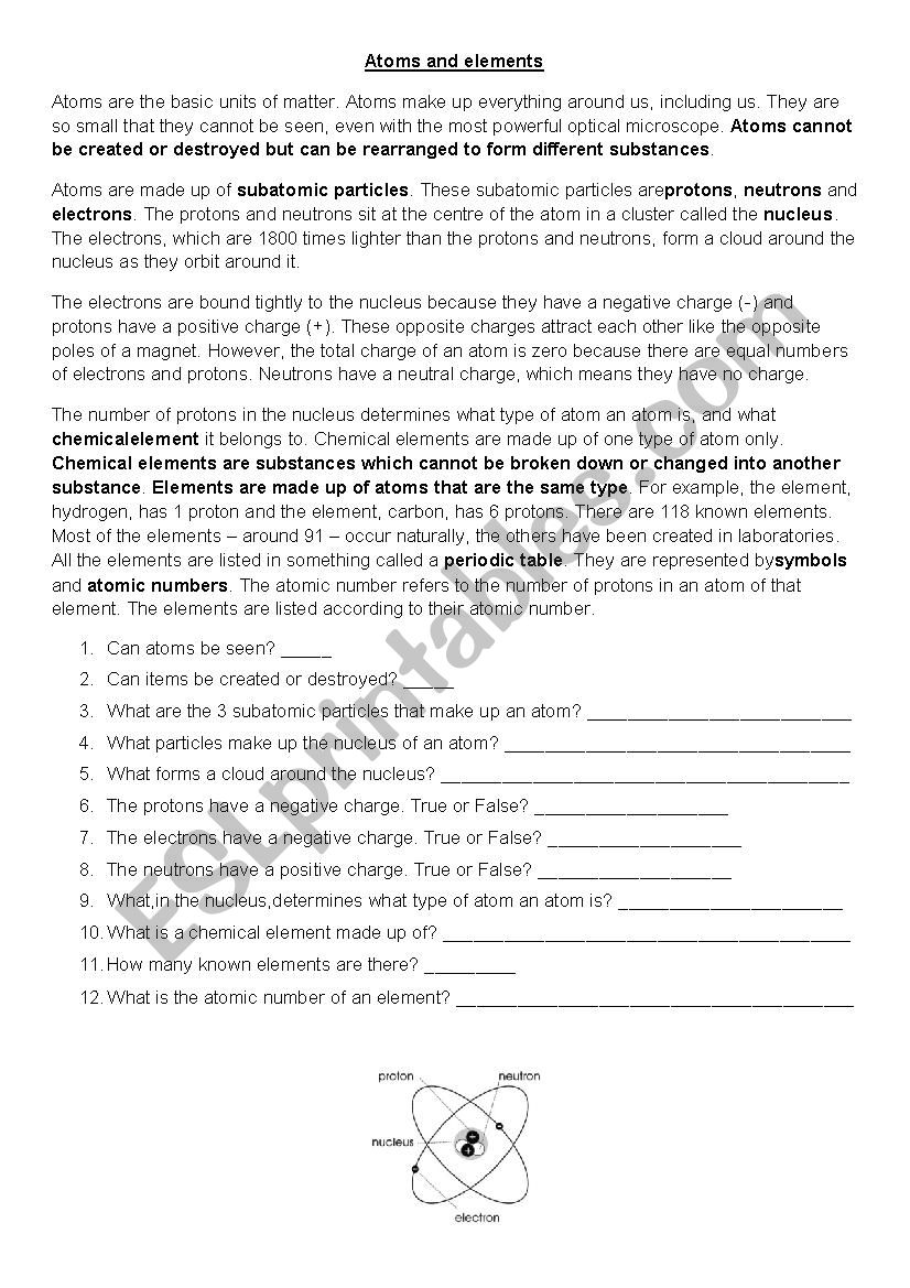 ESL atoms worksheet for Science