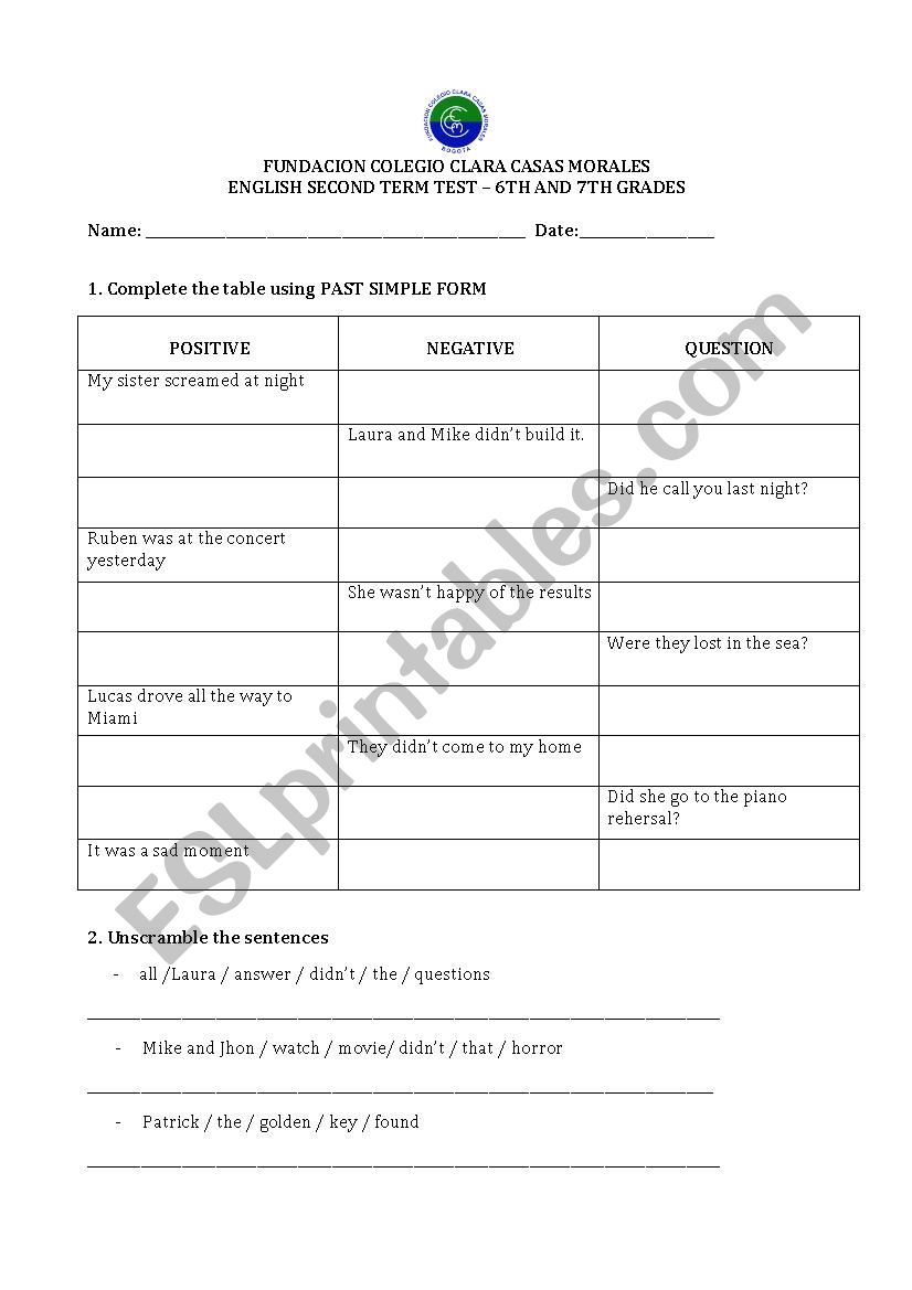 Simple past test worksheet