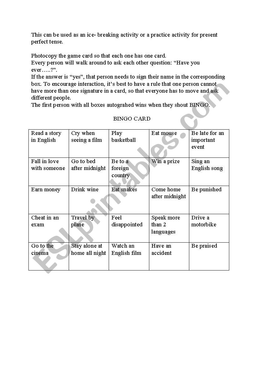 Ice- breaking games worksheet