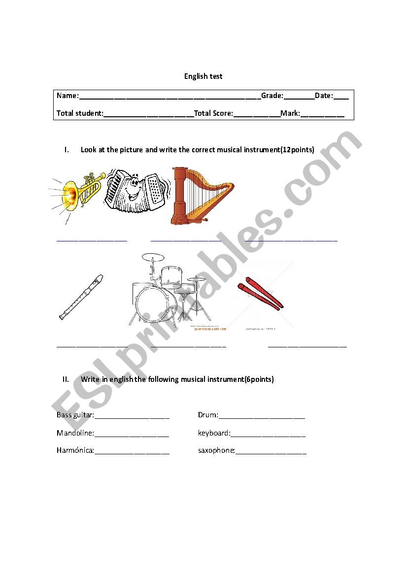 test musical instrument worksheet
