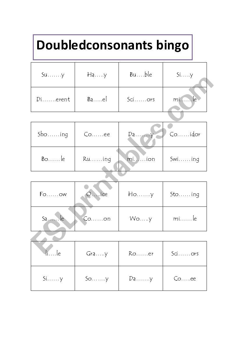 Doubled consonants bingo  worksheet