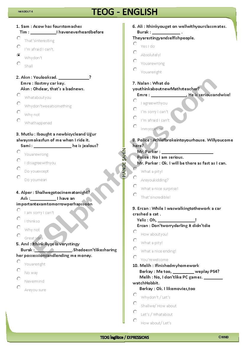 TEST ON EXPRESSIONS BASED ON TEOG