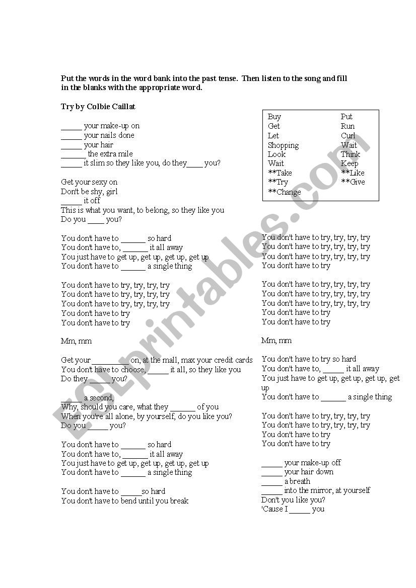 Try by Colbie Callat Verb Cloze