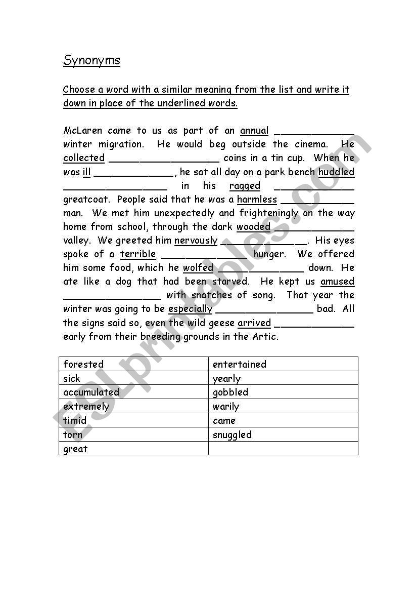 Synonyms worksheet