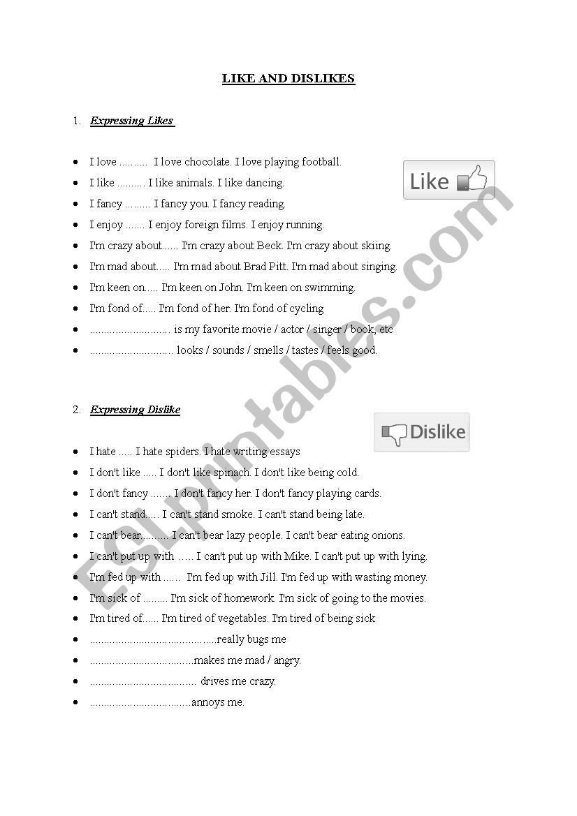 like and dislikes recap worksheet