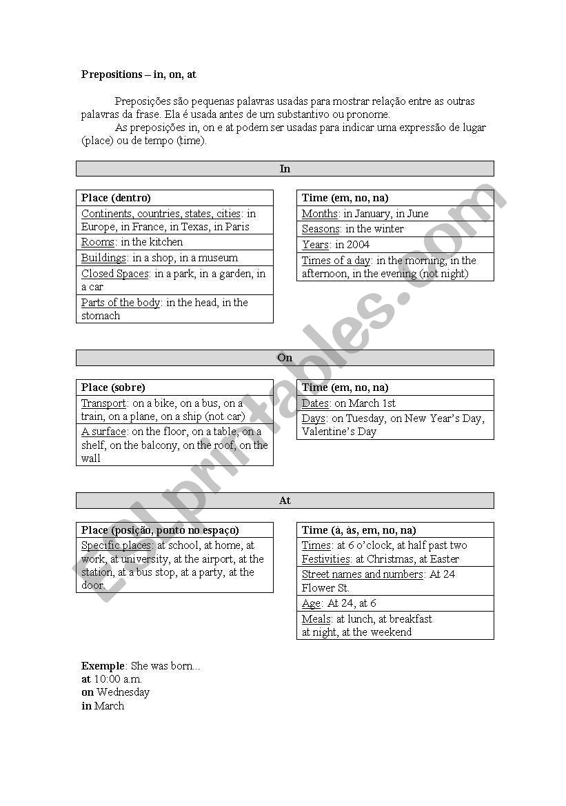 Preposições In On At - ESL worksheet by daniesl