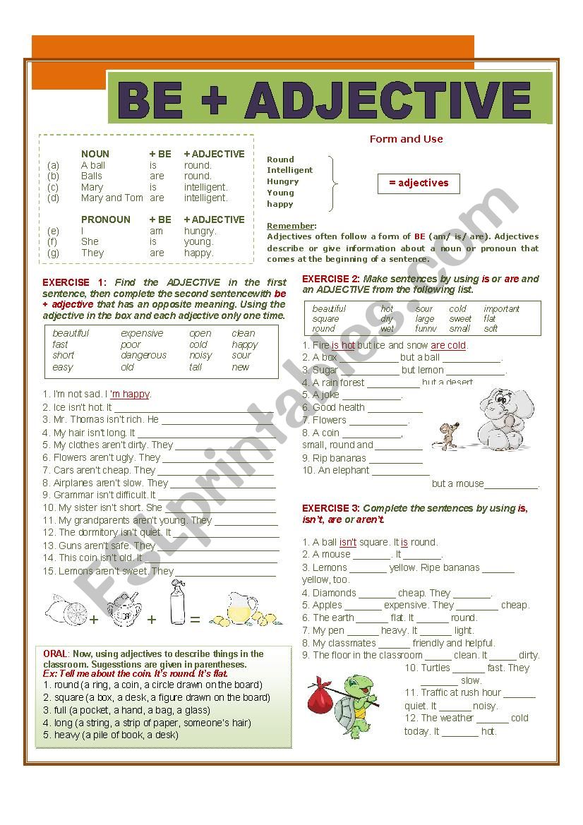 BE ADJECTIVE ESL Worksheet By Hlamquynh