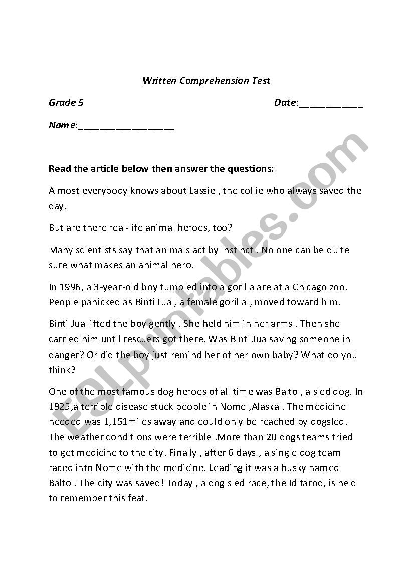 Written Comprehension Test worksheet