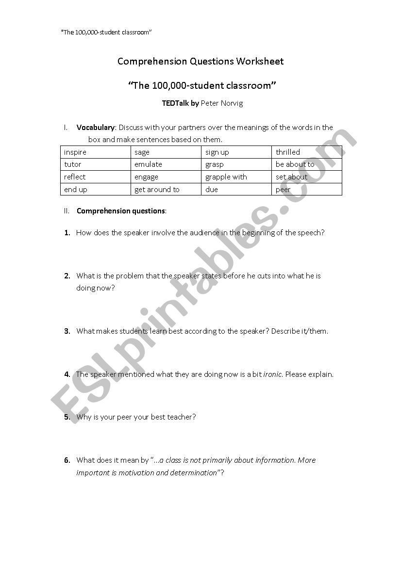 TED Talk-The 100000 student classroom- Questions Worksheet 
